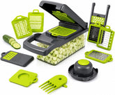 15-in-1 Vegetable Chopper and Mandoline Slicer, Onion Dicer with 8 Interchangeable Stainless Steel Blades, Food Container, Drain Basket, Safety Holder and Cleaning Tool for Fruits and Vegetables