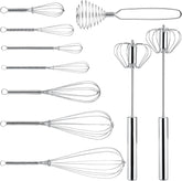 10 Pcs Stainless Steel Whisks Set Egg Beater Semi Auto Whisk Blender Hand Push Beater Versatile Utensil for Kitchen Mixing Blending Beating Stirring Cooking 3 5 6 7 8 10 12 Inch