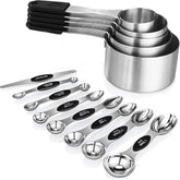 13-Piece All-Magnetic Measuring Cups and Spoons Set, 430 Stainless Steel Metal Measuring Cup and Spoon Set with Silicone Handles & Leveler for Baking Cooking (Black)