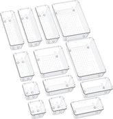 13-Piece Drawer Organizers with Non-Slip Silicone Pads, 5-Size | Clear Desk Bathroom Drawer Organizer Trays Storage Tray for Makeup, Jewelry, Utensils in Bedroom Dresser, Office and Kitchen