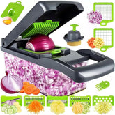 14-in-1 Vegetable Chopper and Onion Slicer, Gray | Mandolin Slicer with Container, Multi-Functional Food Dicer, Stainless Steel Blades