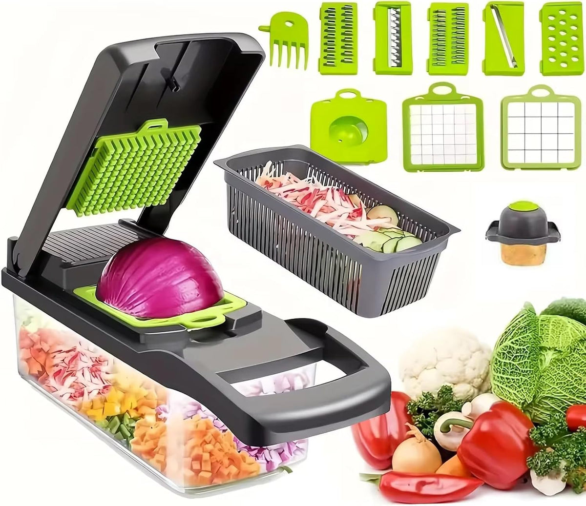 15 in 1 Vegetable Chopper With Interchangeable Blades, Mandoline Slicer & Dicer For Onion Potato Cucumber Carrot Hand Food Processor Cheese Grater Kitchen Gadgets - Essential Kitchen Tools Food Cutter