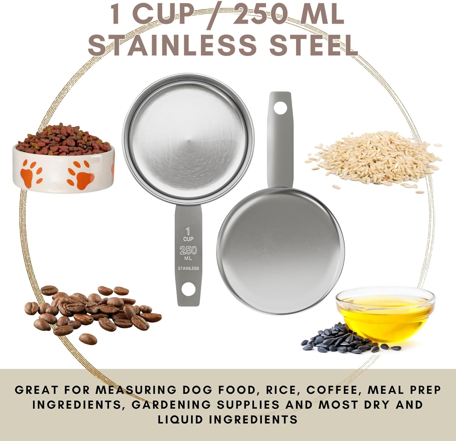 1/4 Cup Stainless Steel Measuring Cup | Sturdy Metal 60 ml | 60 cc | 2 oz | Single Cup for Wet and Dry Ingredients | Great for use as 1/4 Cup Dog Food Scoop - 1 PK