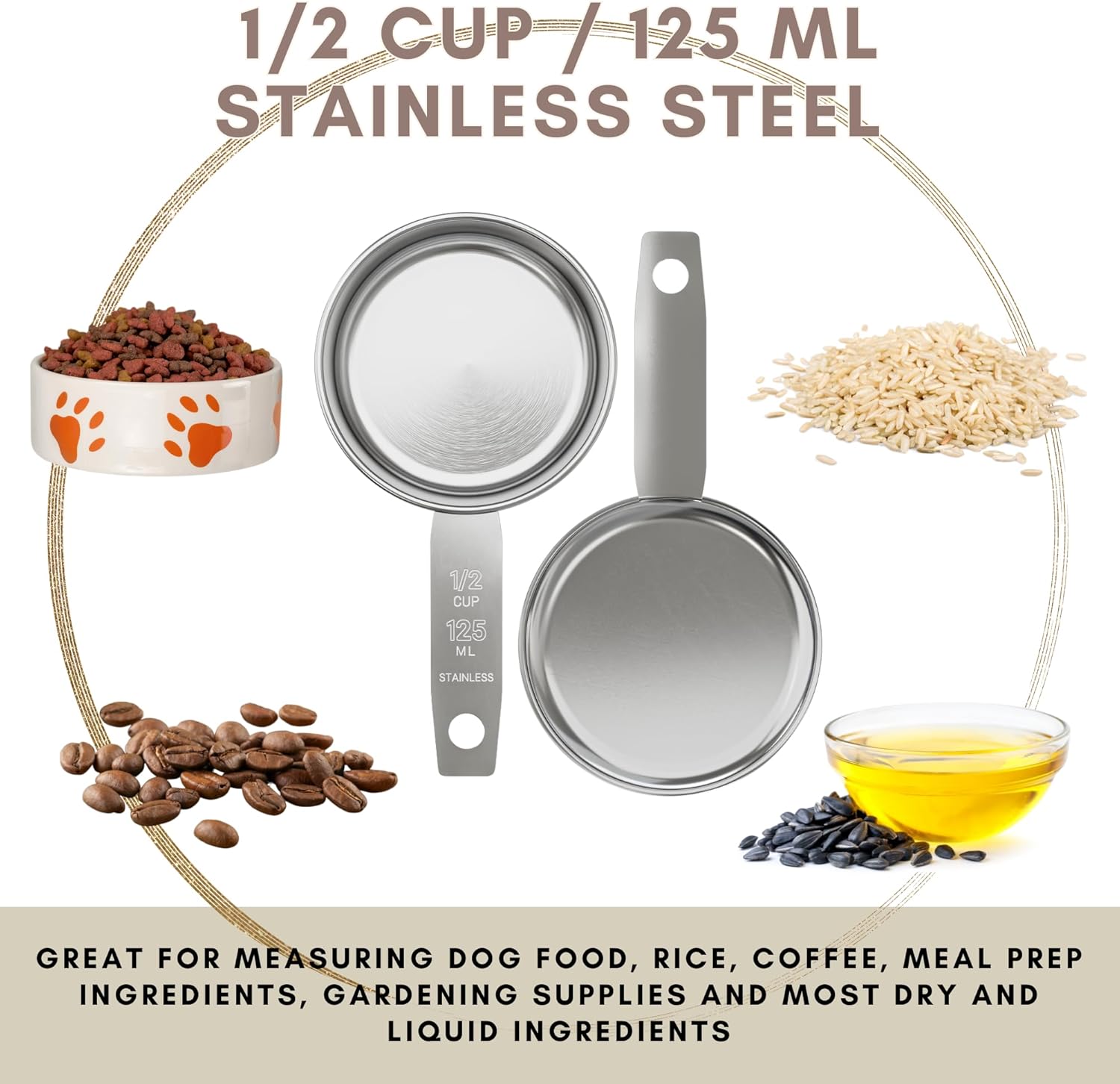 1/4 Cup Stainless Steel Measuring Cup | Sturdy Metal 60 ml | 60 cc | 2 oz | Single Cup for Wet and Dry Ingredients | Great for use as 1/4 Cup Dog Food Scoop - 1 PK