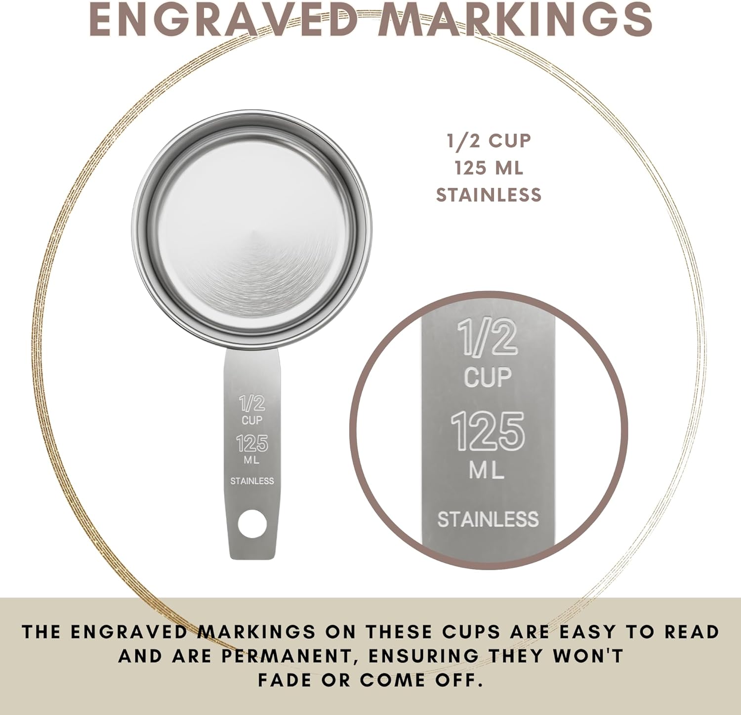 1/4 Cup Stainless Steel Measuring Cup | Sturdy Metal 60 ml | 60 cc | 2 oz | Single Cup for Wet and Dry Ingredients | Great for use as 1/4 Cup Dog Food Scoop - 1 PK