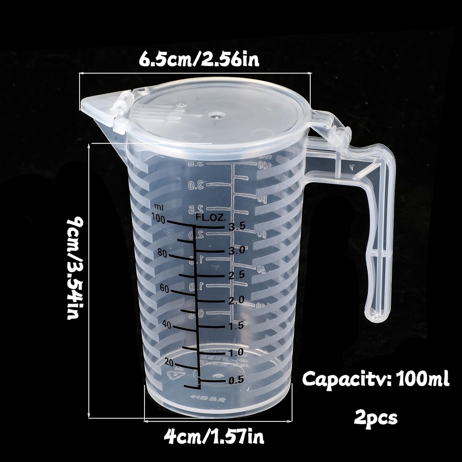 100ml Plastic Graduated Beaker, 2 Pack Liquid Measuring Cup with Handle with Lid, Measuring Pitcher Measure Containers for Liquid Mixing, Pet Food, Motor Oil, Laboratory, Kitchen