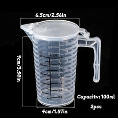 100ml Plastic Graduated Beaker, 2 Pack Liquid Measuring Cup with Handle with Lid, Measuring Pitcher Measure Containers for Liquid Mixing, Pet Food, Motor Oil, Laboratory, Kitchen