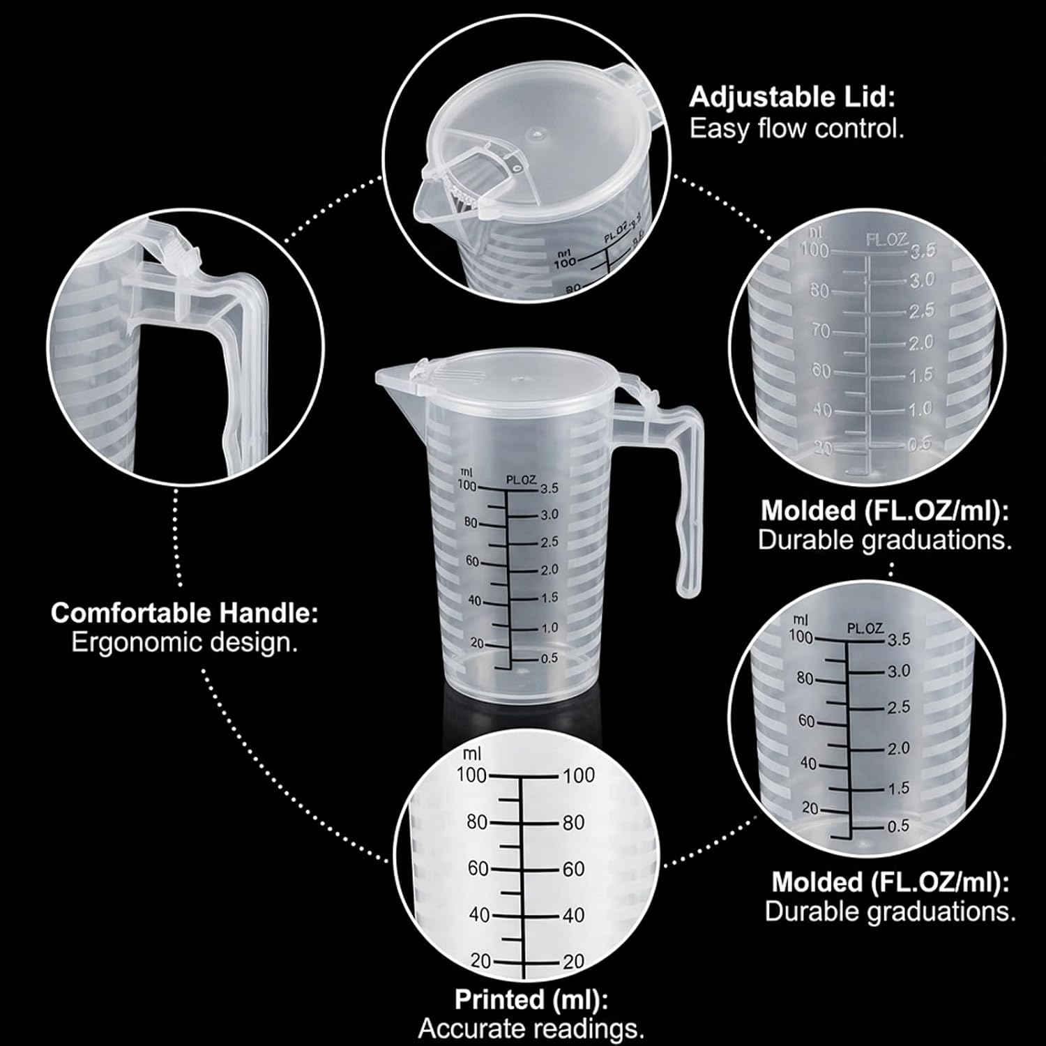 100ml Plastic Graduated Beaker, 2 Pack Liquid Measuring Cup with Handle with Lid, Measuring Pitcher Measure Containers for Liquid Mixing, Pet Food, Motor Oil, Laboratory, Kitchen