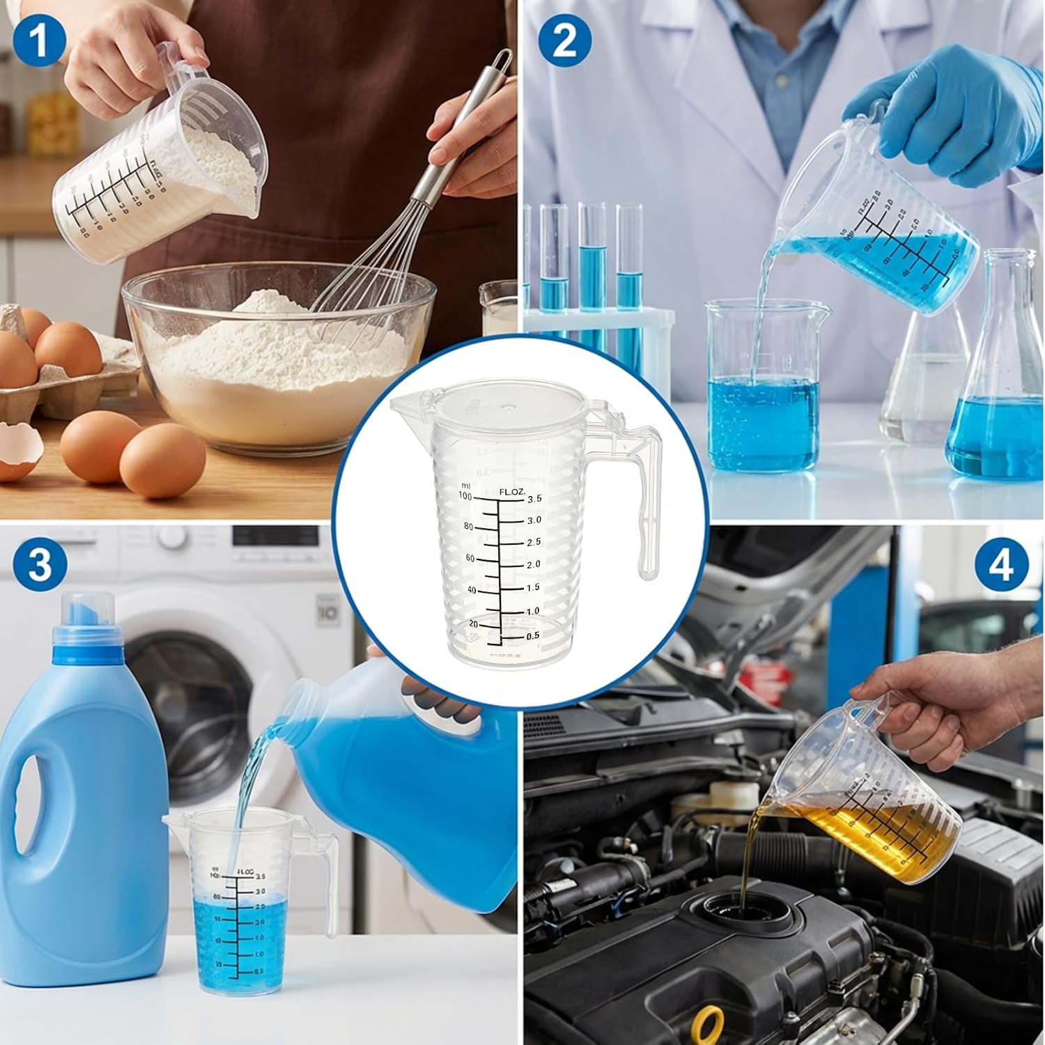 100ml Plastic Graduated Beaker, 2 Pack Liquid Measuring Cup with Handle with Lid, Measuring Pitcher Measure Containers for Liquid Mixing, Pet Food, Motor Oil, Laboratory, Kitchen