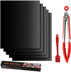 12-Inch BBQ Tongs with Silicone Tips, 5-Pack Non-Stick Fiberglass Grill Mats (400x330mm), and Silicone Basting Brush – Heat-Resistant, Food-Grade, Easy-Clean BBQ Accessories Set Red