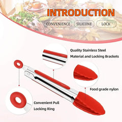 12-Inch BBQ Tongs with Silicone Tips, 5-Pack Non-Stick Fiberglass Grill Mats (400x330mm), and Silicone Basting Brush – Heat-Resistant, Food-Grade, Easy-Clean BBQ Accessories Set Red