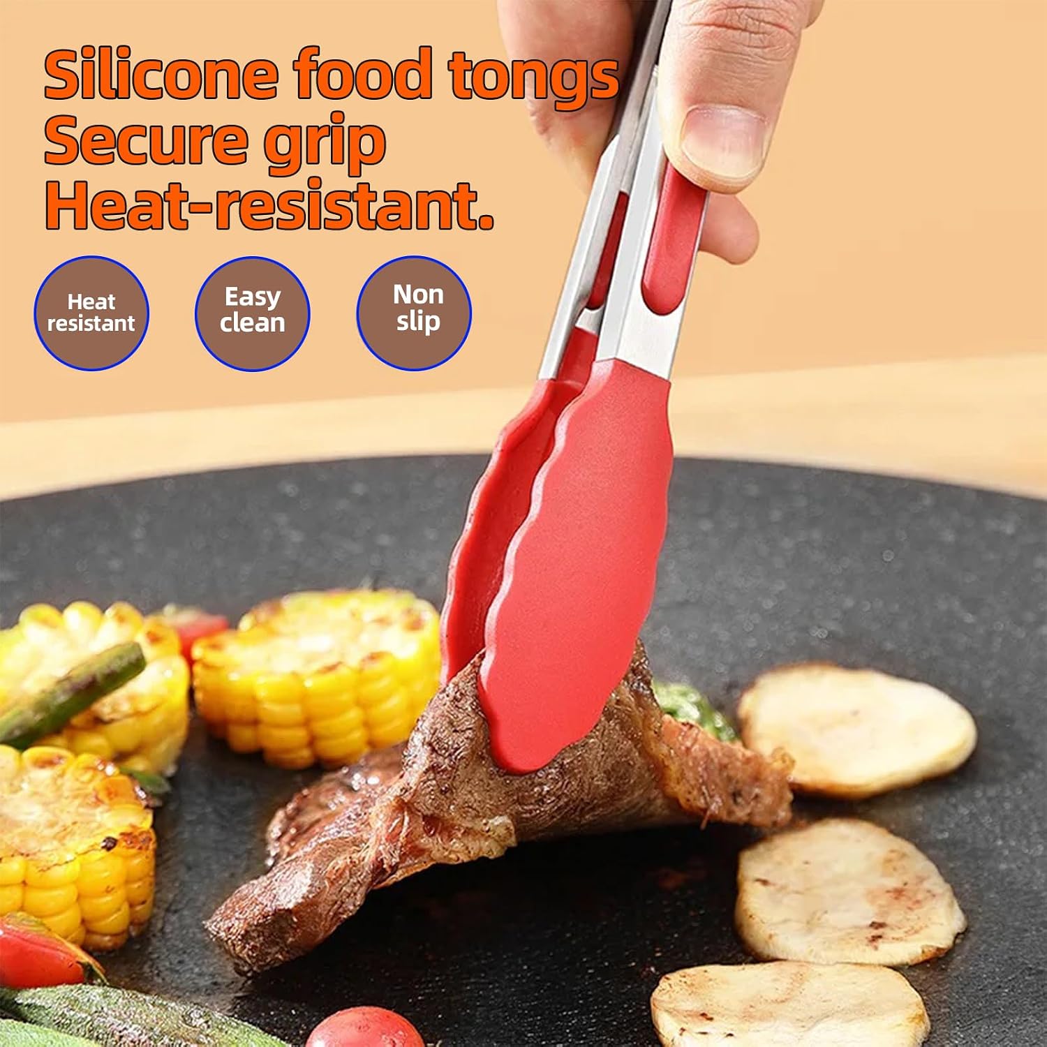 12-Inch BBQ Tongs with Silicone Tips, 5-Pack Non-Stick Fiberglass Grill Mats (400x330mm), and Silicone Basting Brush – Heat-Resistant, Food-Grade, Easy-Clean BBQ Accessories Set Red