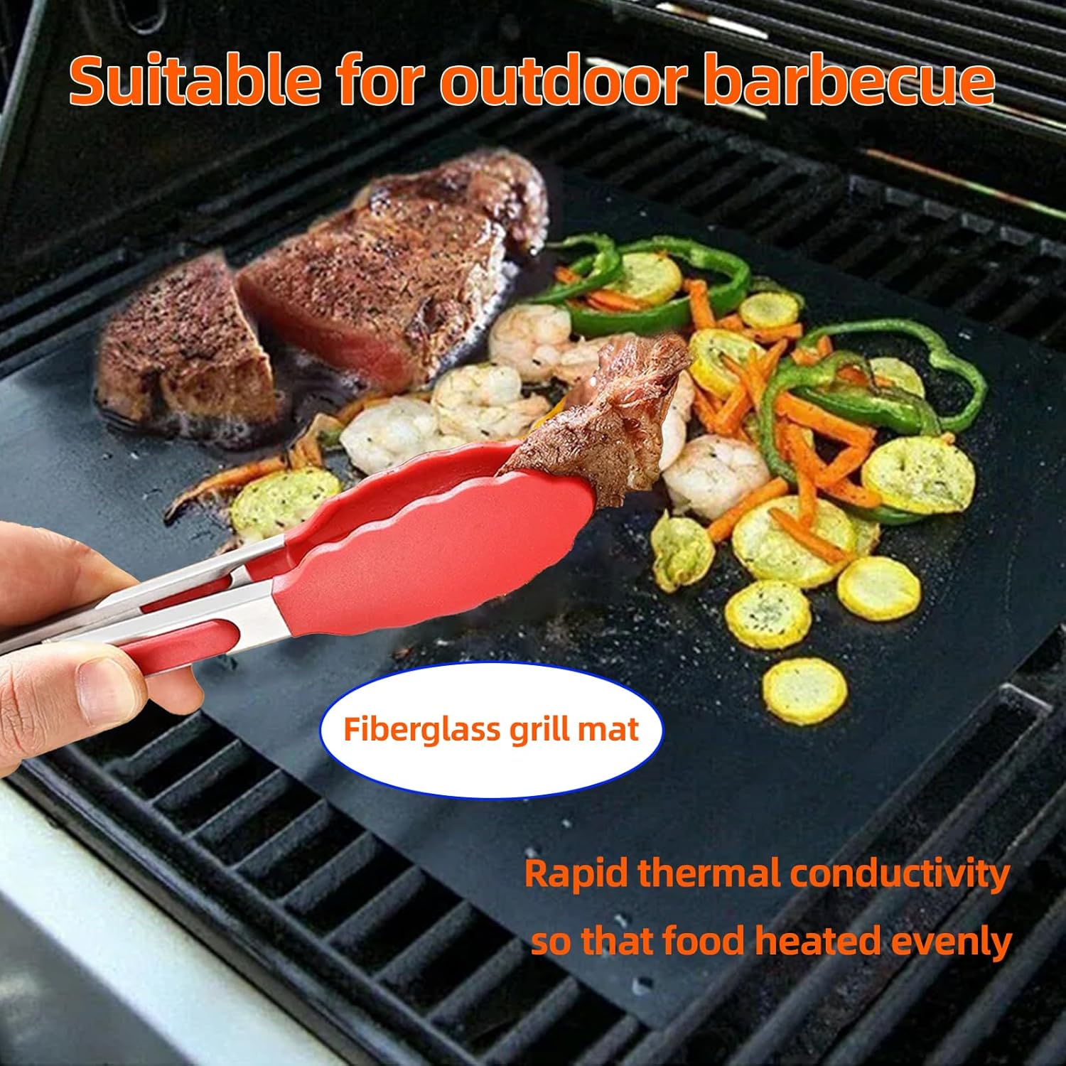 12-Inch BBQ Tongs with Silicone Tips, 5-Pack Non-Stick Fiberglass Grill Mats (400x330mm), and Silicone Basting Brush – Heat-Resistant, Food-Grade, Easy-Clean BBQ Accessories Set Red