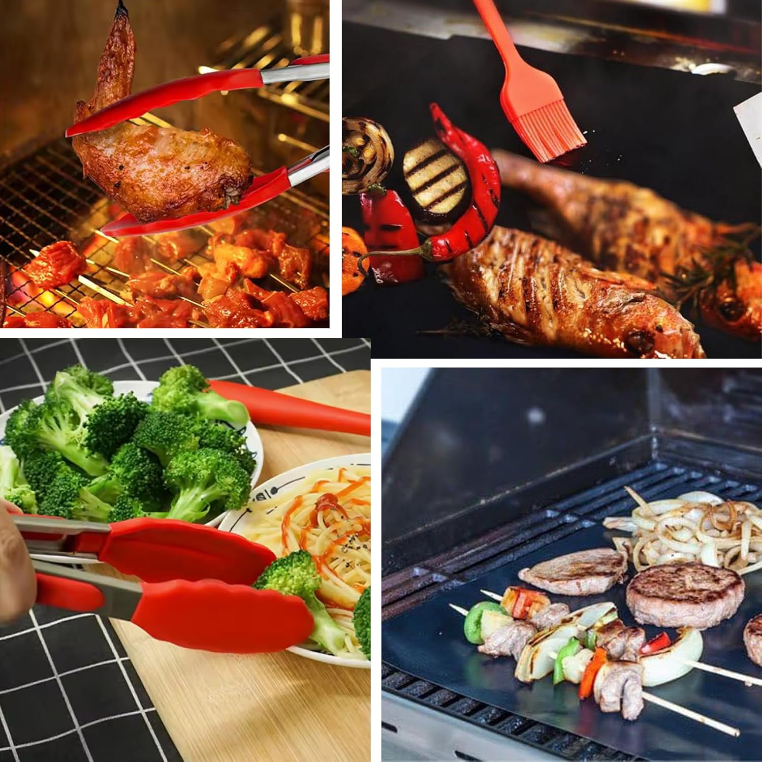 12-Inch BBQ Tongs with Silicone Tips, 5-Pack Non-Stick Fiberglass Grill Mats (400x330mm), and Silicone Basting Brush – Heat-Resistant, Food-Grade, Easy-Clean BBQ Accessories Set Red