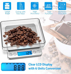 (New) Digital Kitchen Scale, 500g/ 0.01g Mini Pocket Jewelry Scale, 100g Calibration Weight, Cooking Food Scale, Back-Lit LCD Display, 2 Trays, 6 Units, Auto Off, Tare, PCS, Stainless Steel