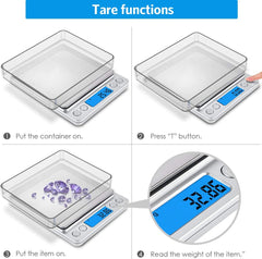 (New) Digital Kitchen Scale, 500g/ 0.01g Mini Pocket Jewelry Scale, 100g Calibration Weight, Cooking Food Scale, Back-Lit LCD Display, 2 Trays, 6 Units, Auto Off, Tare, PCS, Stainless Steel
