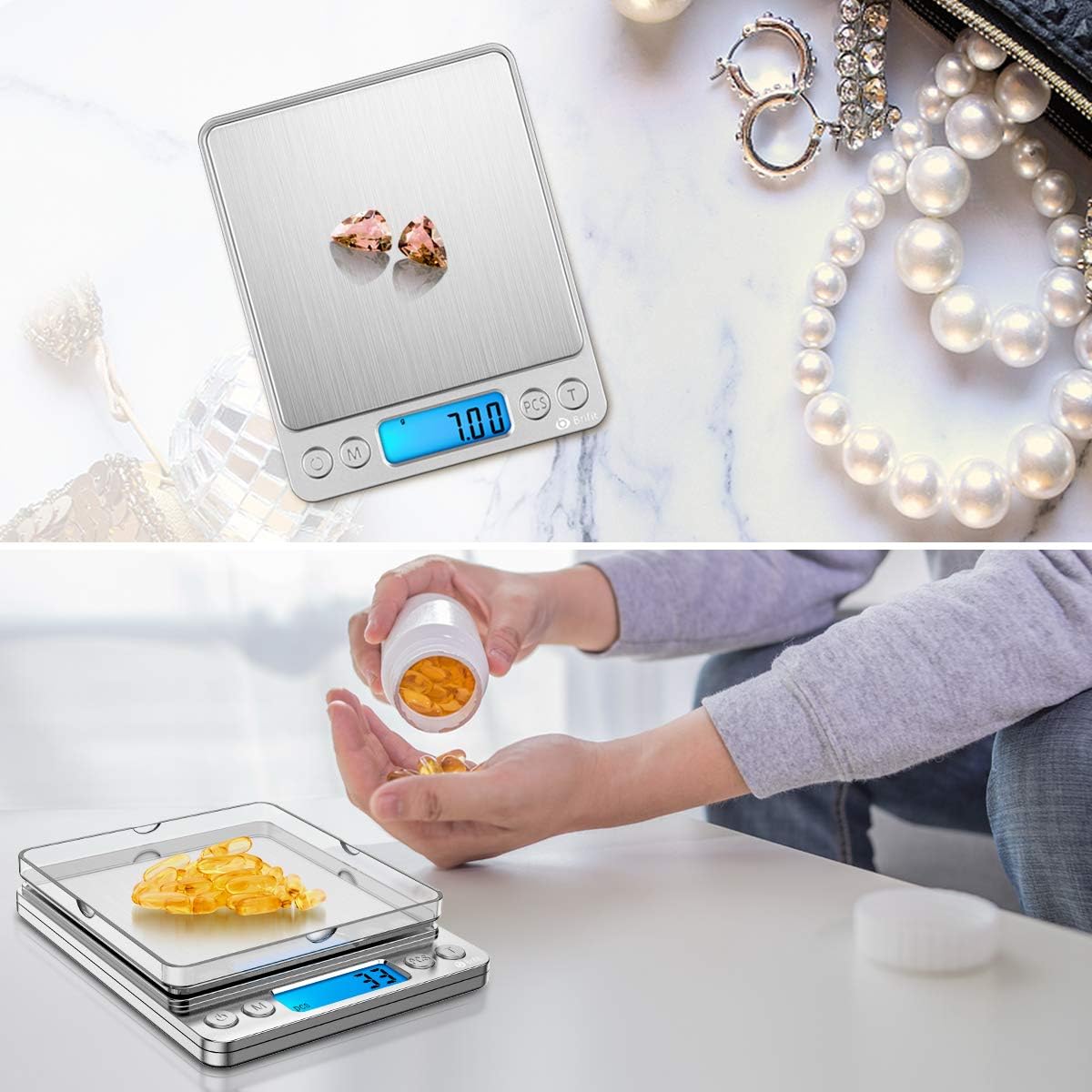 (New) Digital Kitchen Scale, 500g/ 0.01g Mini Pocket Jewelry Scale, 100g Calibration Weight, Cooking Food Scale, Back-Lit LCD Display, 2 Trays, 6 Units, Auto Off, Tare, PCS, Stainless Steel
