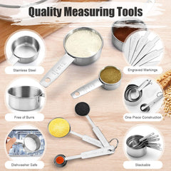 11 PCS Stainless Steel Measuring Cups Spoons Set, 5 Nesting Cups and 5 Stackable Spoons with 1 Leveler Measuring Tools Set for Dry Liquid Ingredients Cooking Baking