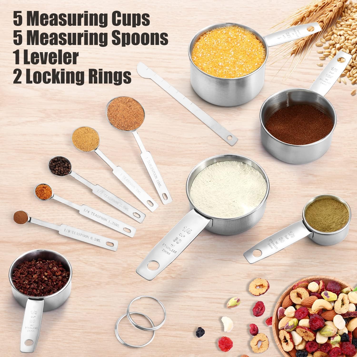 11 PCS Stainless Steel Measuring Cups Spoons Set, 5 Nesting Cups and 5 Stackable Spoons with 1 Leveler Measuring Tools Set for Dry Liquid Ingredients Cooking Baking