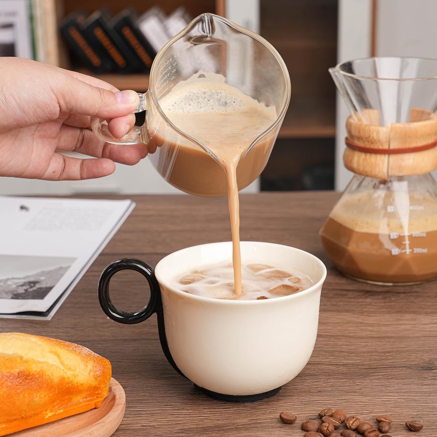 1 Pack 250ML/8.5OZ Measuring Cup Espresso Shot Glasses Double Spouts Large Coffee Cup with Handle Triple Pitcher Milk Cup Parts Clear Glass