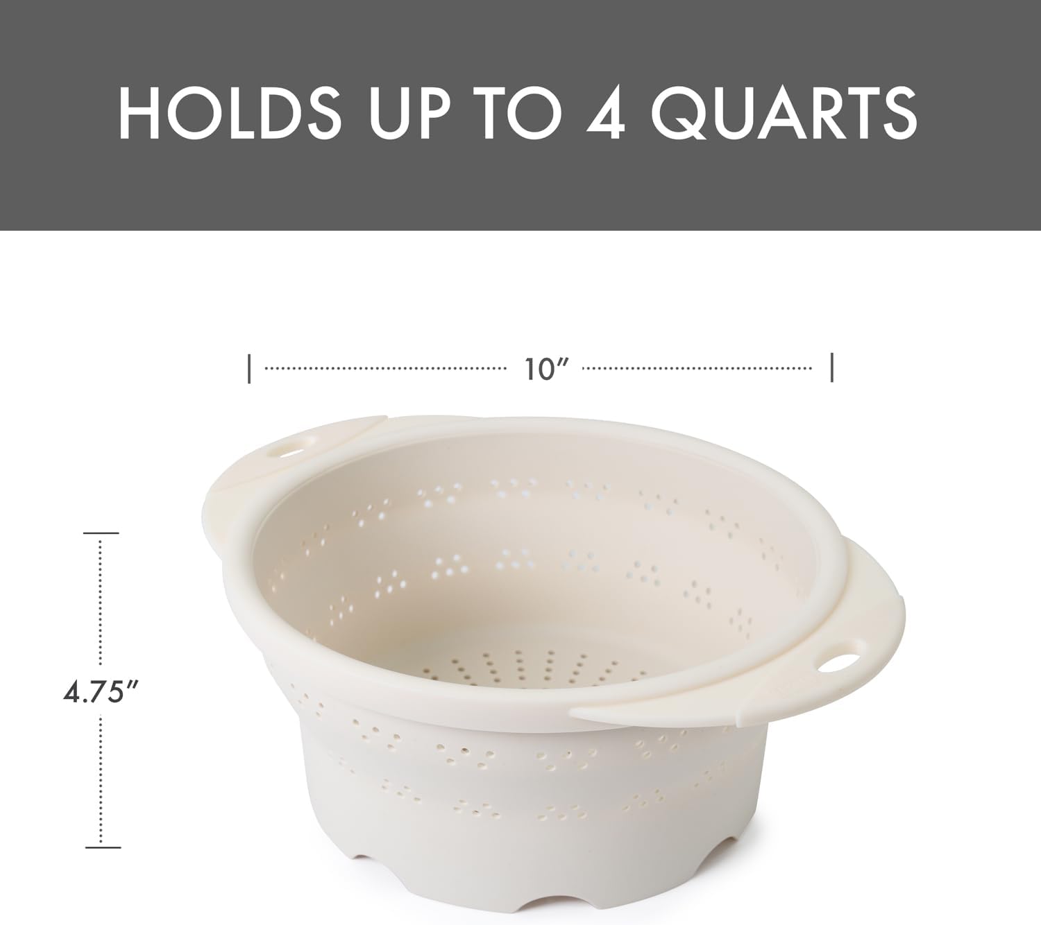 10" Collapsible Silicone Colander in Cream, Kitchen Strainer with Handles, 15.1 Cup Capacity | BPA-Free, Heat-Resistant, Space-Saving Kitchen Tool