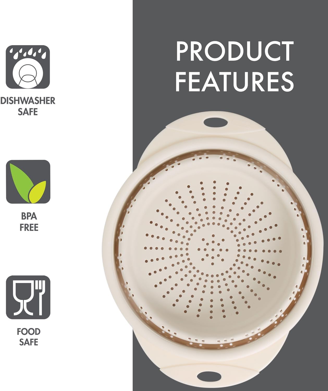 10" Collapsible Silicone Colander in Cream, Kitchen Strainer with Handles, 15.1 Cup Capacity | BPA-Free, Heat-Resistant, Space-Saving Kitchen Tool