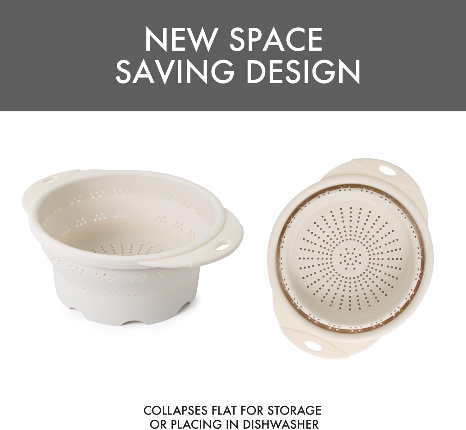 10" Collapsible Silicone Colander in Cream, Kitchen Strainer with Handles, 15.1 Cup Capacity | BPA-Free, Heat-Resistant, Space-Saving Kitchen Tool