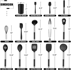14 Pieces Silicone Cooking Utensils Set, Kitchen Utensils Set with Holder, Spatula, Ladle, Spoon, Tong, Slotted Turner for Nonstick Cookware, Heat Resistant & Stainless Steel Handle, Black