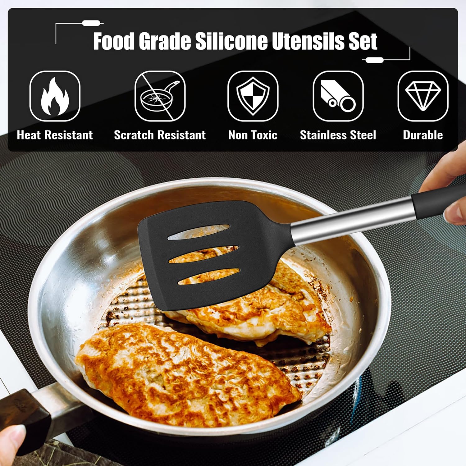 14 Pieces Silicone Cooking Utensils Set, Kitchen Utensils Set with Holder, Spatula, Ladle, Spoon, Tong, Slotted Turner for Nonstick Cookware, Heat Resistant & Stainless Steel Handle, Black