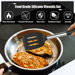 14 Pieces Silicone Cooking Utensils Set, Kitchen Utensils Set with Holder, Spatula, Ladle, Spoon, Tong, Slotted Turner for Nonstick Cookware, Heat Resistant & Stainless Steel Handle, Black