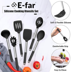 14 Pieces Silicone Cooking Utensils Set, Kitchen Utensils Set with Holder, Spatula, Ladle, Spoon, Tong, Slotted Turner for Nonstick Cookware, Heat Resistant & Stainless Steel Handle, Black