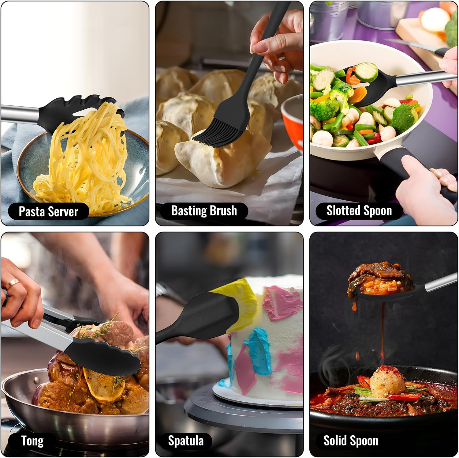 14 Pieces Silicone Cooking Utensils Set, Kitchen Utensils Set with Holder, Spatula, Ladle, Spoon, Tong, Slotted Turner for Nonstick Cookware, Heat Resistant & Stainless Steel Handle, Black