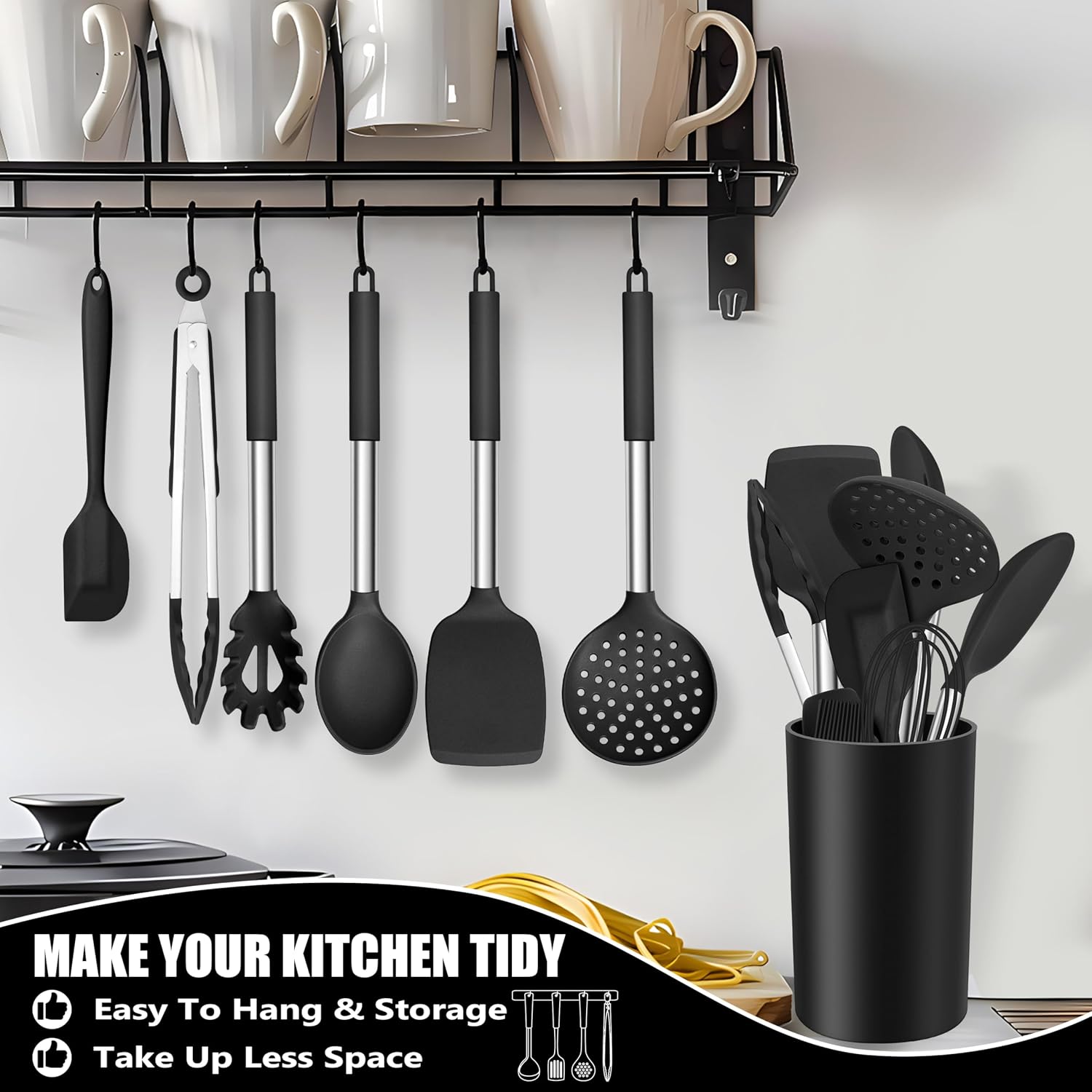 14 Pieces Silicone Cooking Utensils Set, Kitchen Utensils Set with Holder, Spatula, Ladle, Spoon, Tong, Slotted Turner for Nonstick Cookware, Heat Resistant & Stainless Steel Handle, Black