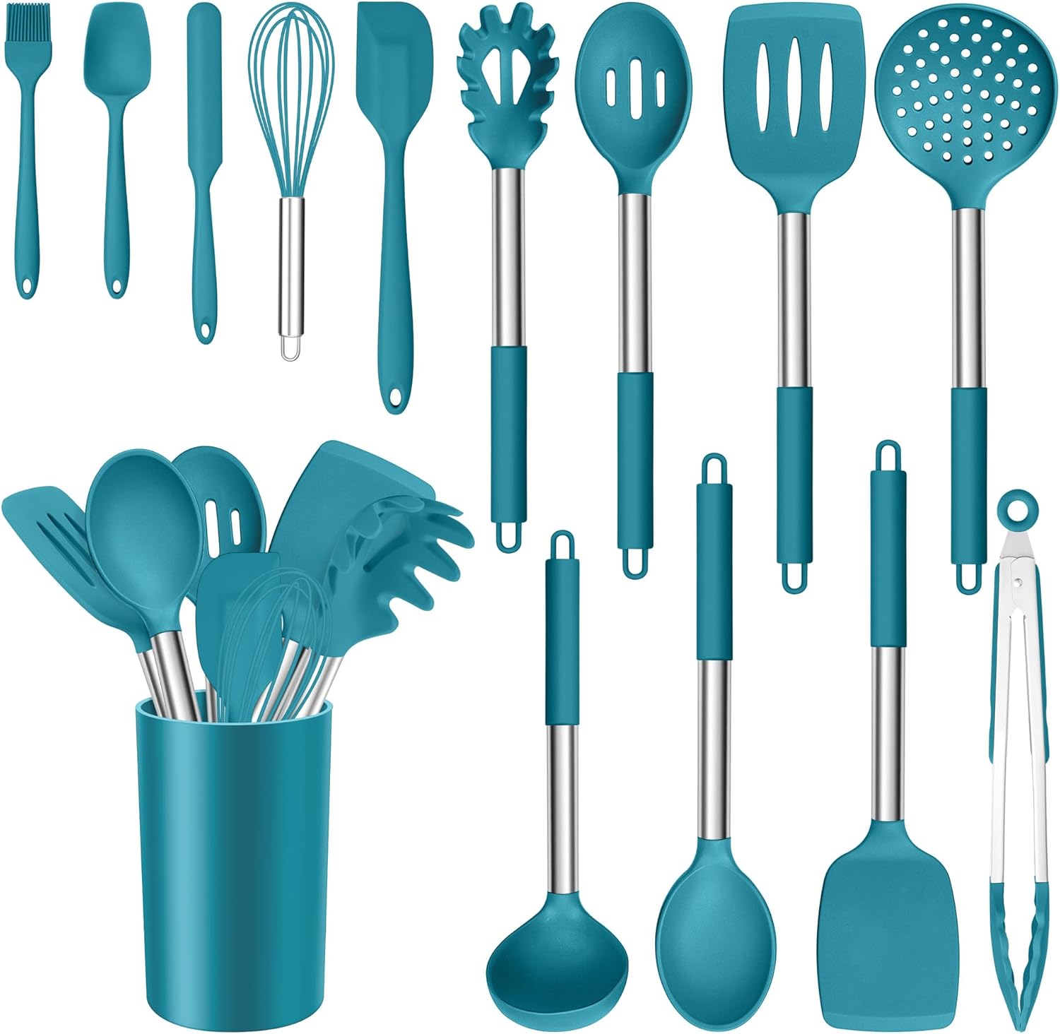 14 Pieces Silicone Cooking Utensils Set, Kitchen Utensils Set with Holder, Spatula, Ladle, Spoon, Tong, Slotted Turner for Nonstick Cookware, Heat Resistant & Stainless Steel Handle, Black