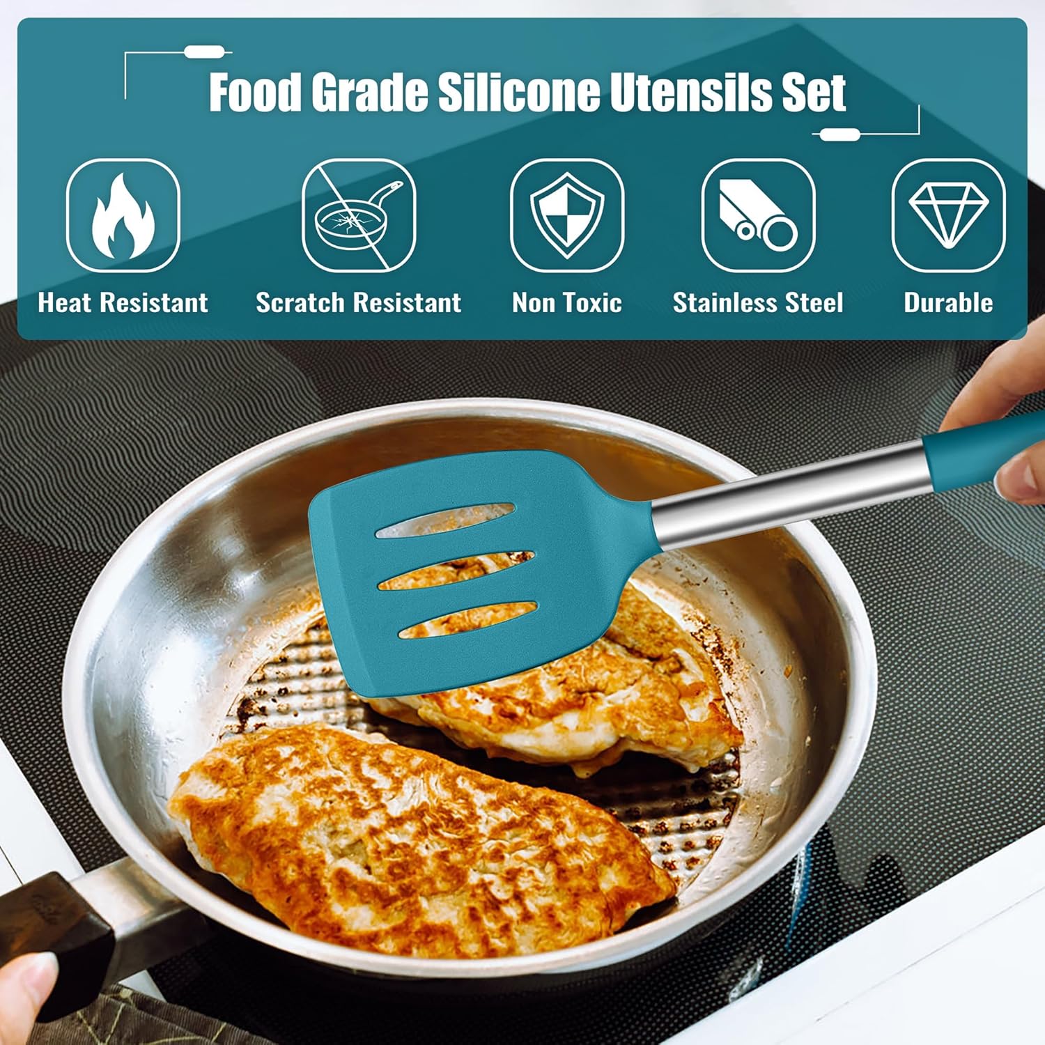 14 Pieces Silicone Cooking Utensils Set, Kitchen Utensils Set with Holder, Spatula, Ladle, Spoon, Tong, Slotted Turner for Nonstick Cookware, Heat Resistant & Stainless Steel Handle, Black