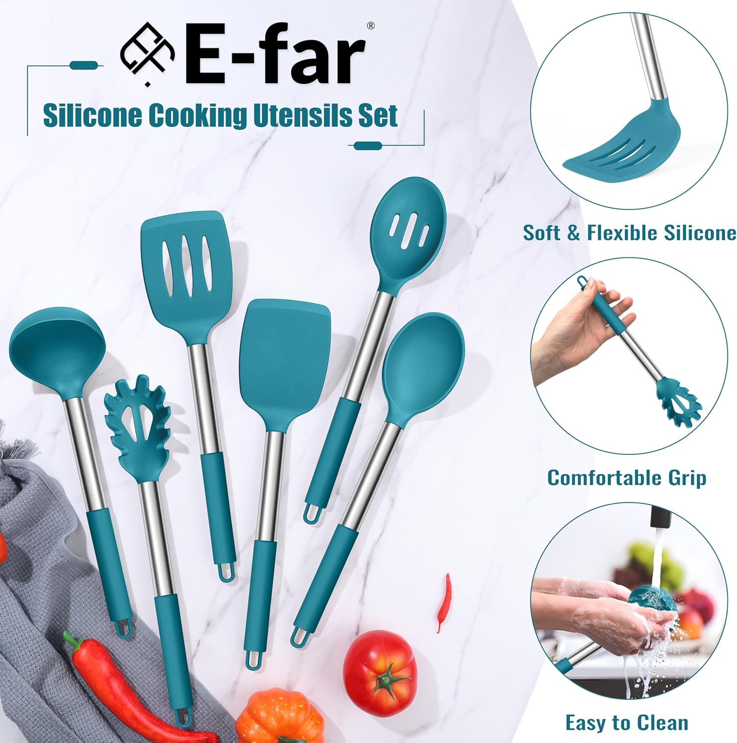 14 Pieces Silicone Cooking Utensils Set, Kitchen Utensils Set with Holder, Spatula, Ladle, Spoon, Tong, Slotted Turner for Nonstick Cookware, Heat Resistant & Stainless Steel Handle, Black