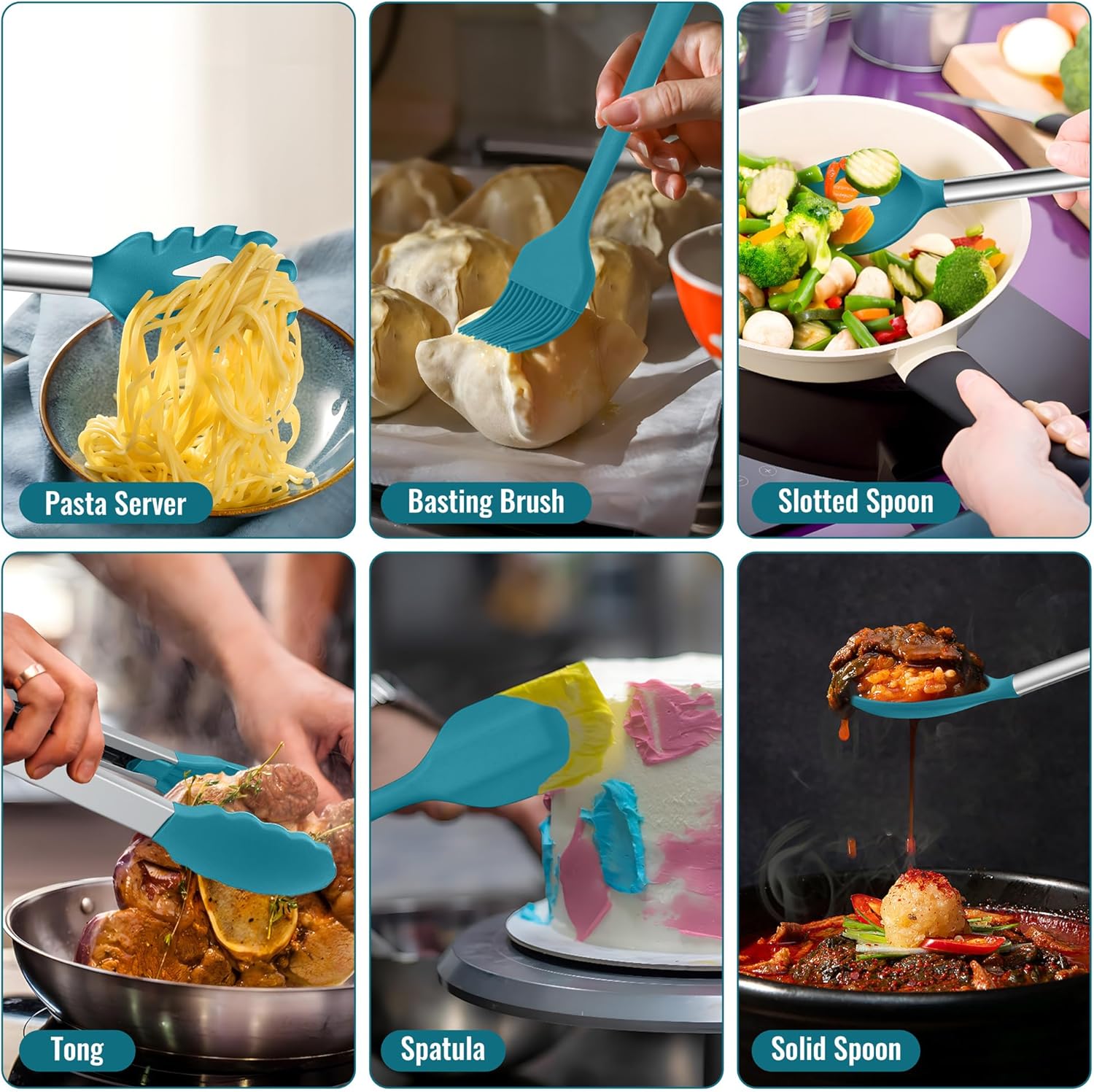 14 Pieces Silicone Cooking Utensils Set, Kitchen Utensils Set with Holder, Spatula, Ladle, Spoon, Tong, Slotted Turner for Nonstick Cookware, Heat Resistant & Stainless Steel Handle, Black