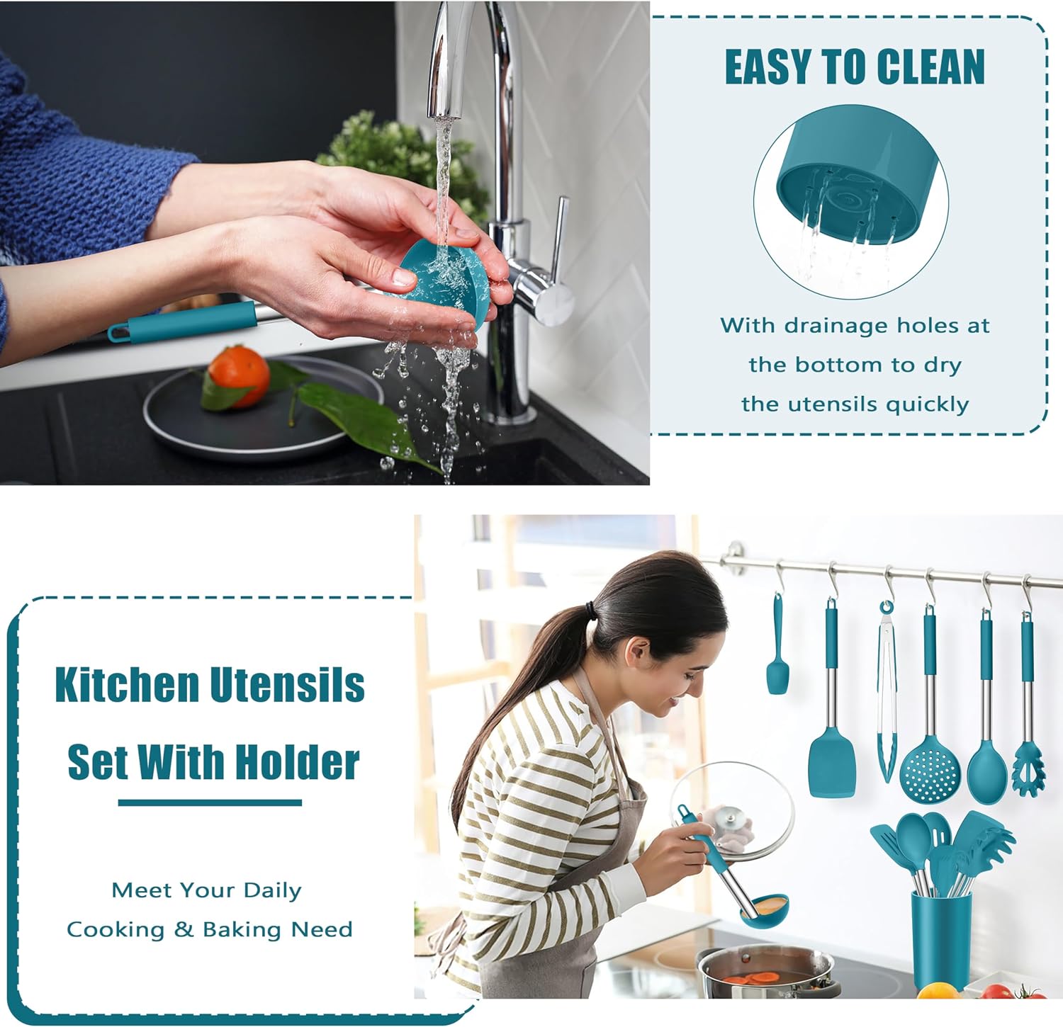 14 Pieces Silicone Cooking Utensils Set, Kitchen Utensils Set with Holder, Spatula, Ladle, Spoon, Tong, Slotted Turner for Nonstick Cookware, Heat Resistant & Stainless Steel Handle, Black