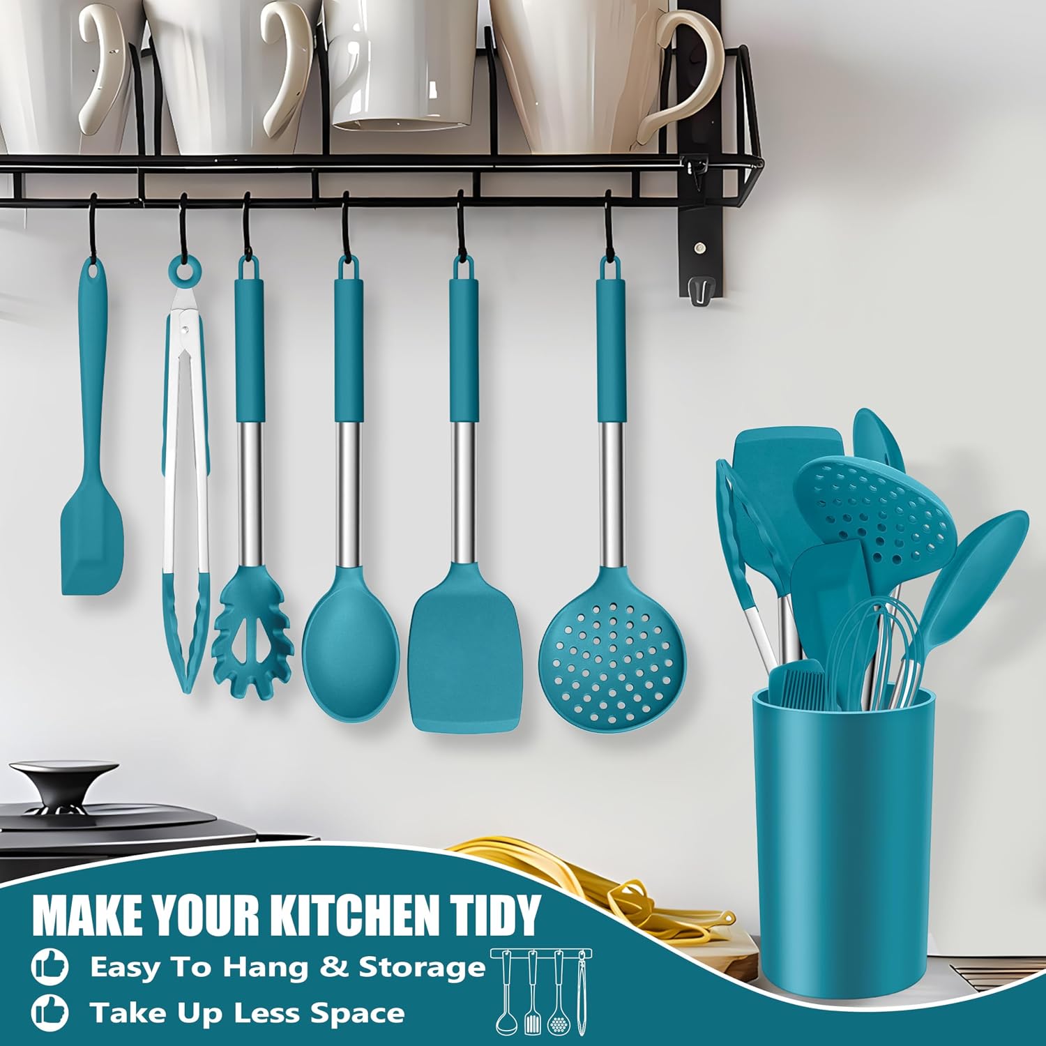 14 Pieces Silicone Cooking Utensils Set, Kitchen Utensils Set with Holder, Spatula, Ladle, Spoon, Tong, Slotted Turner for Nonstick Cookware, Heat Resistant & Stainless Steel Handle, Black