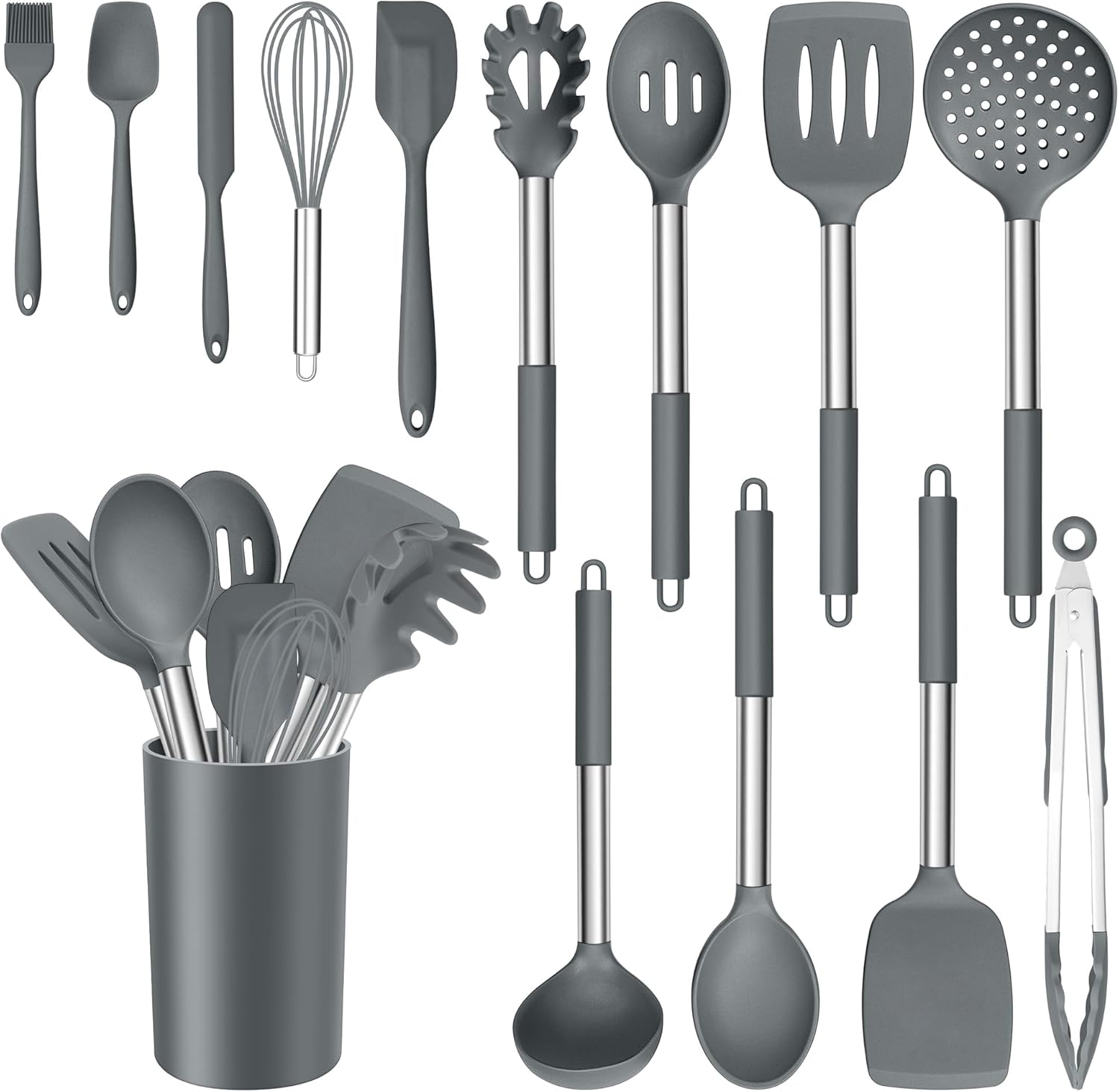 14 Pieces Silicone Cooking Utensils Set, Kitchen Utensils Set with Holder, Spatula, Ladle, Spoon, Tong, Slotted Turner for Nonstick Cookware, Heat Resistant & Stainless Steel Handle, Black