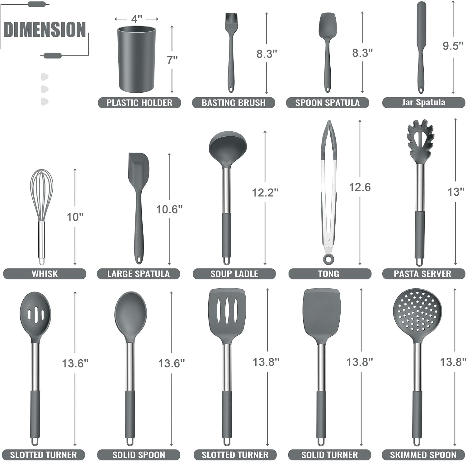 14 Pieces Silicone Cooking Utensils Set, Kitchen Utensils Set with Holder, Spatula, Ladle, Spoon, Tong, Slotted Turner for Nonstick Cookware, Heat Resistant & Stainless Steel Handle, Black
