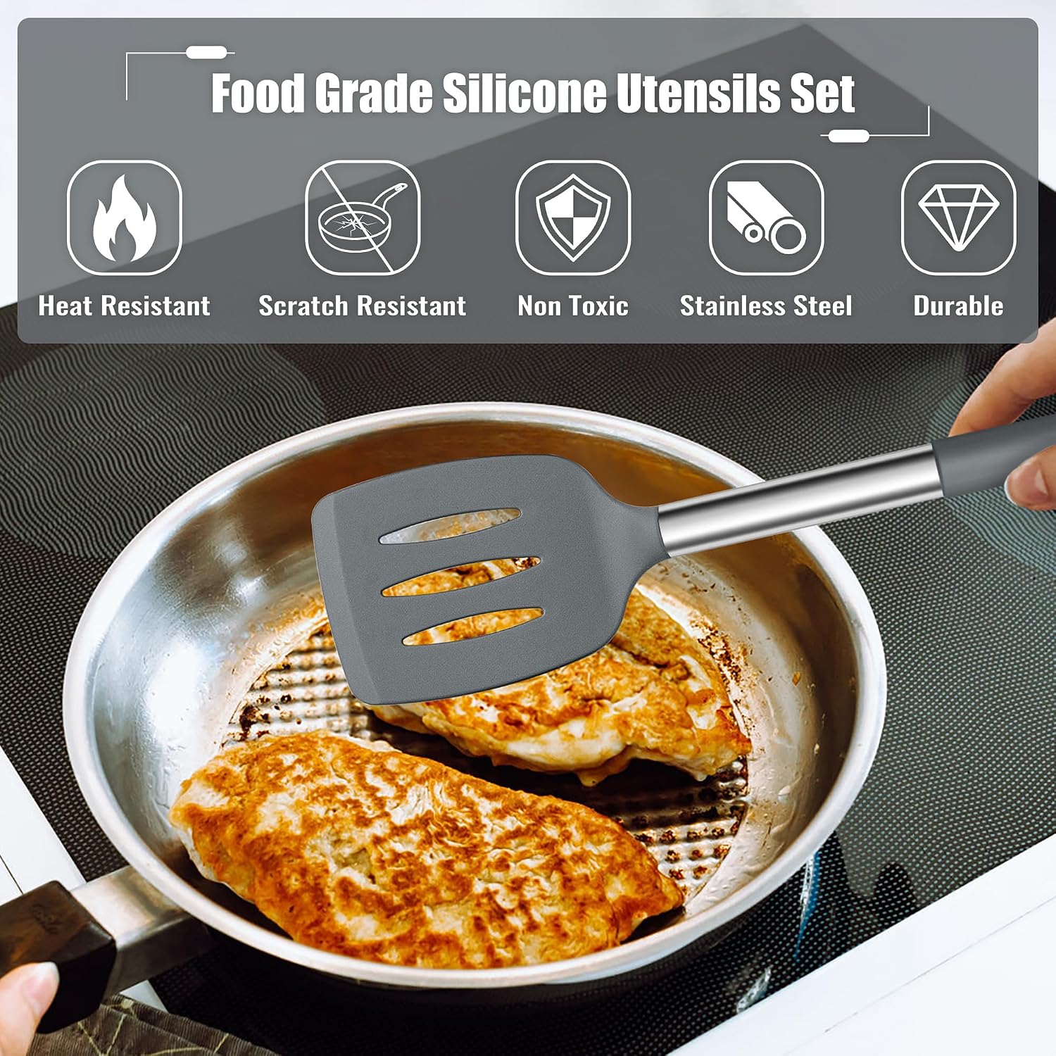 14 Pieces Silicone Cooking Utensils Set, Kitchen Utensils Set with Holder, Spatula, Ladle, Spoon, Tong, Slotted Turner for Nonstick Cookware, Heat Resistant & Stainless Steel Handle, Black