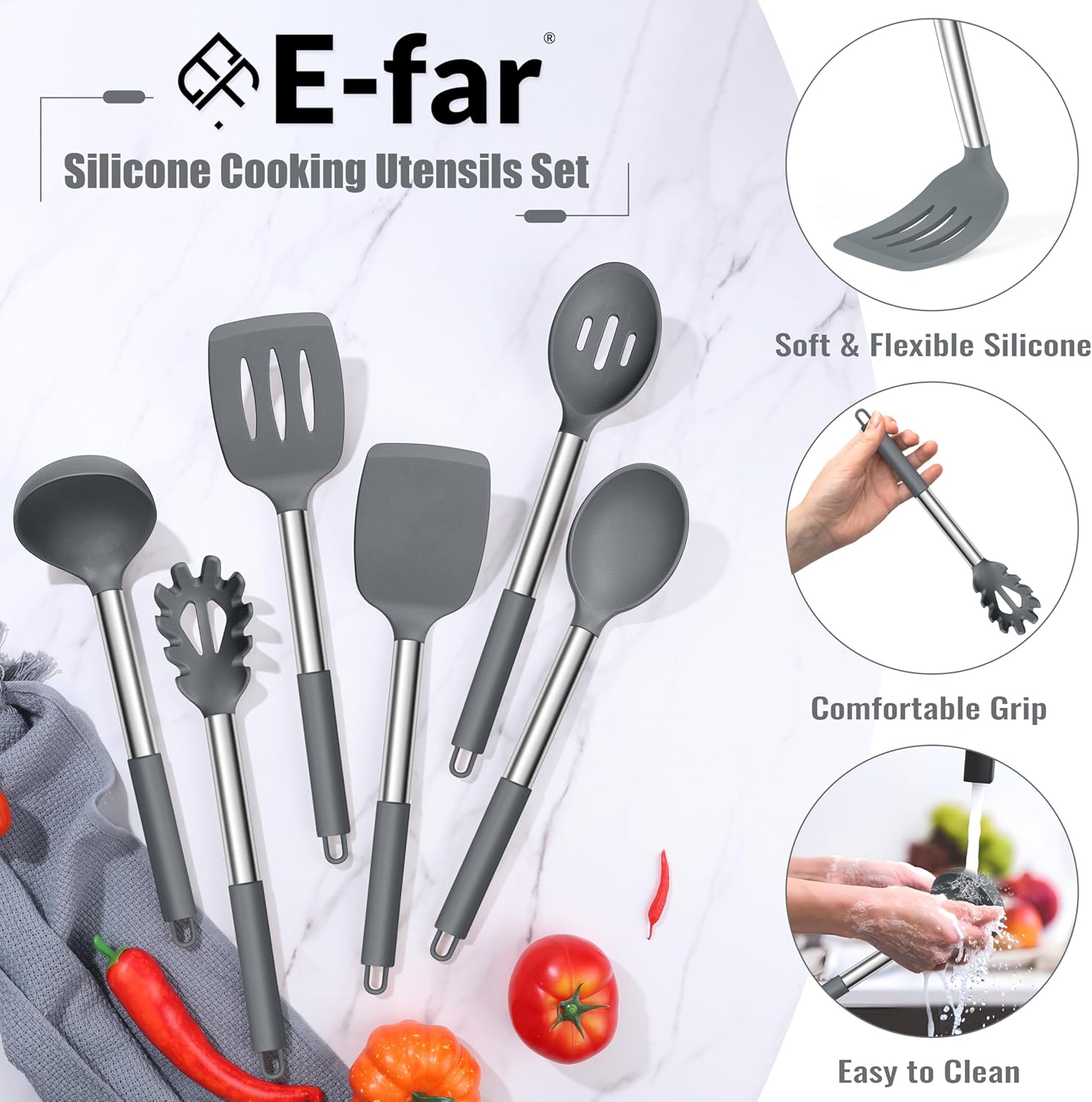 14 Pieces Silicone Cooking Utensils Set, Kitchen Utensils Set with Holder, Spatula, Ladle, Spoon, Tong, Slotted Turner for Nonstick Cookware, Heat Resistant & Stainless Steel Handle, Black