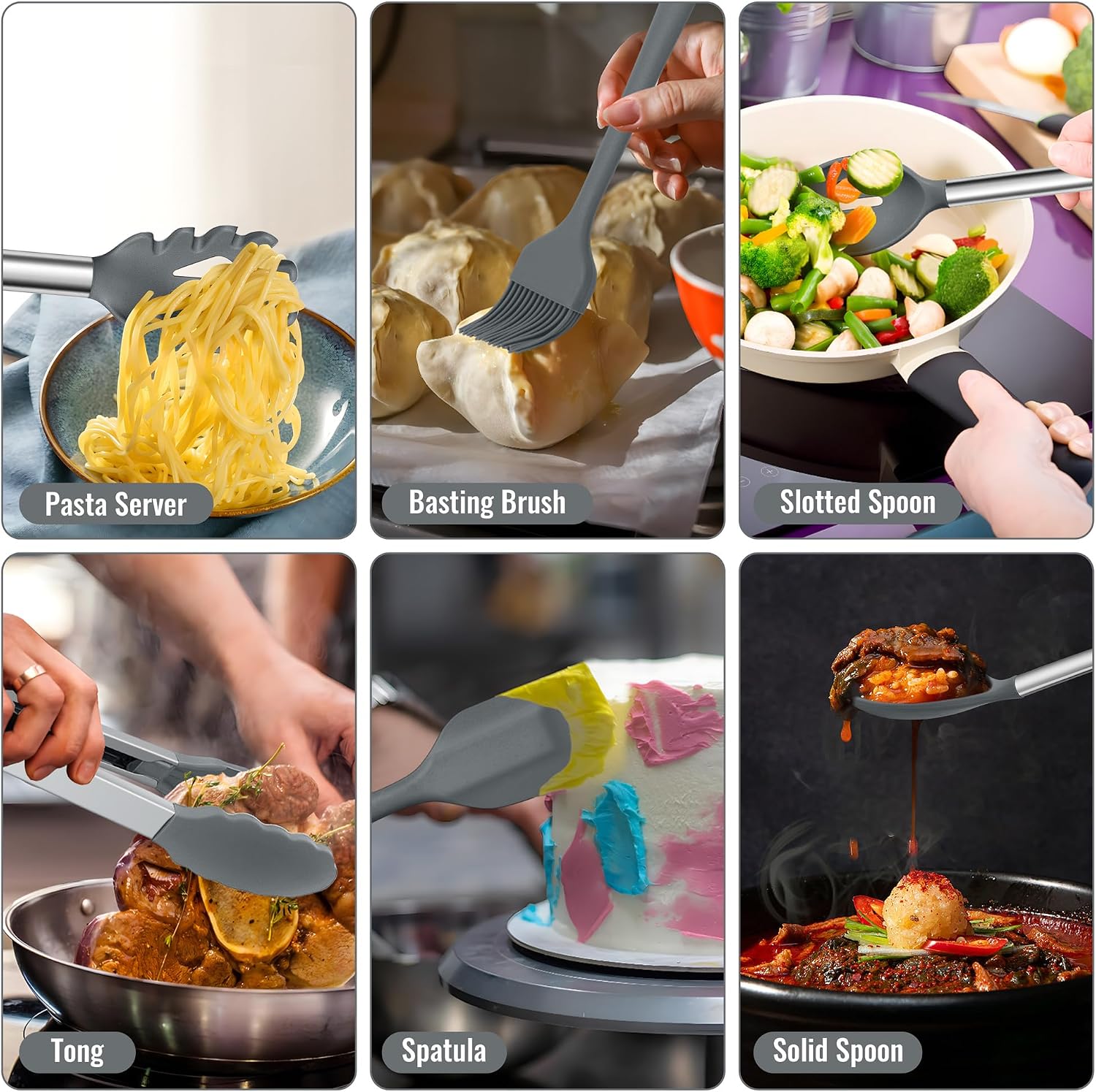 14 Pieces Silicone Cooking Utensils Set, Kitchen Utensils Set with Holder, Spatula, Ladle, Spoon, Tong, Slotted Turner for Nonstick Cookware, Heat Resistant & Stainless Steel Handle, Black