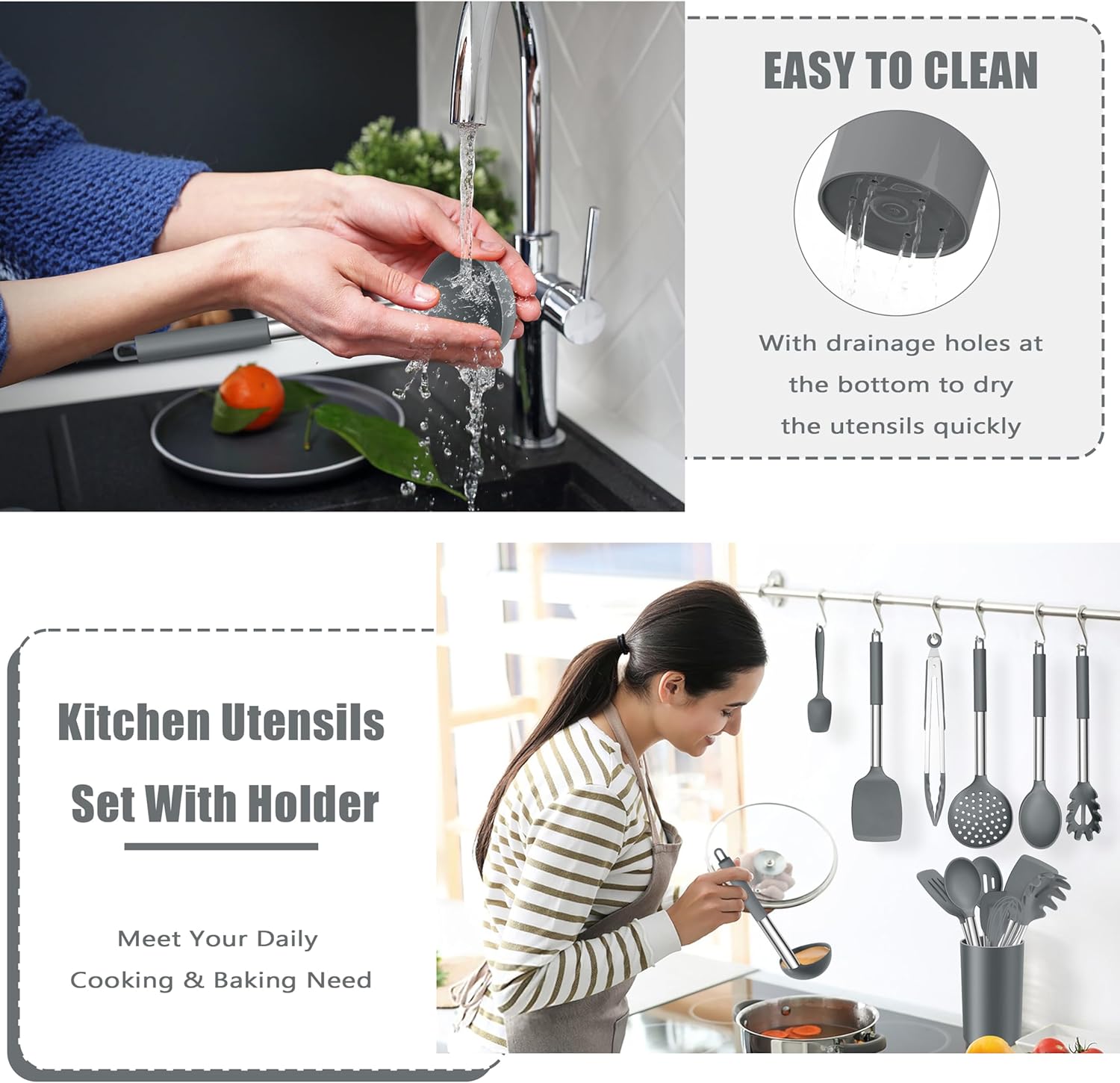 14 Pieces Silicone Cooking Utensils Set, Kitchen Utensils Set with Holder, Spatula, Ladle, Spoon, Tong, Slotted Turner for Nonstick Cookware, Heat Resistant & Stainless Steel Handle, Black