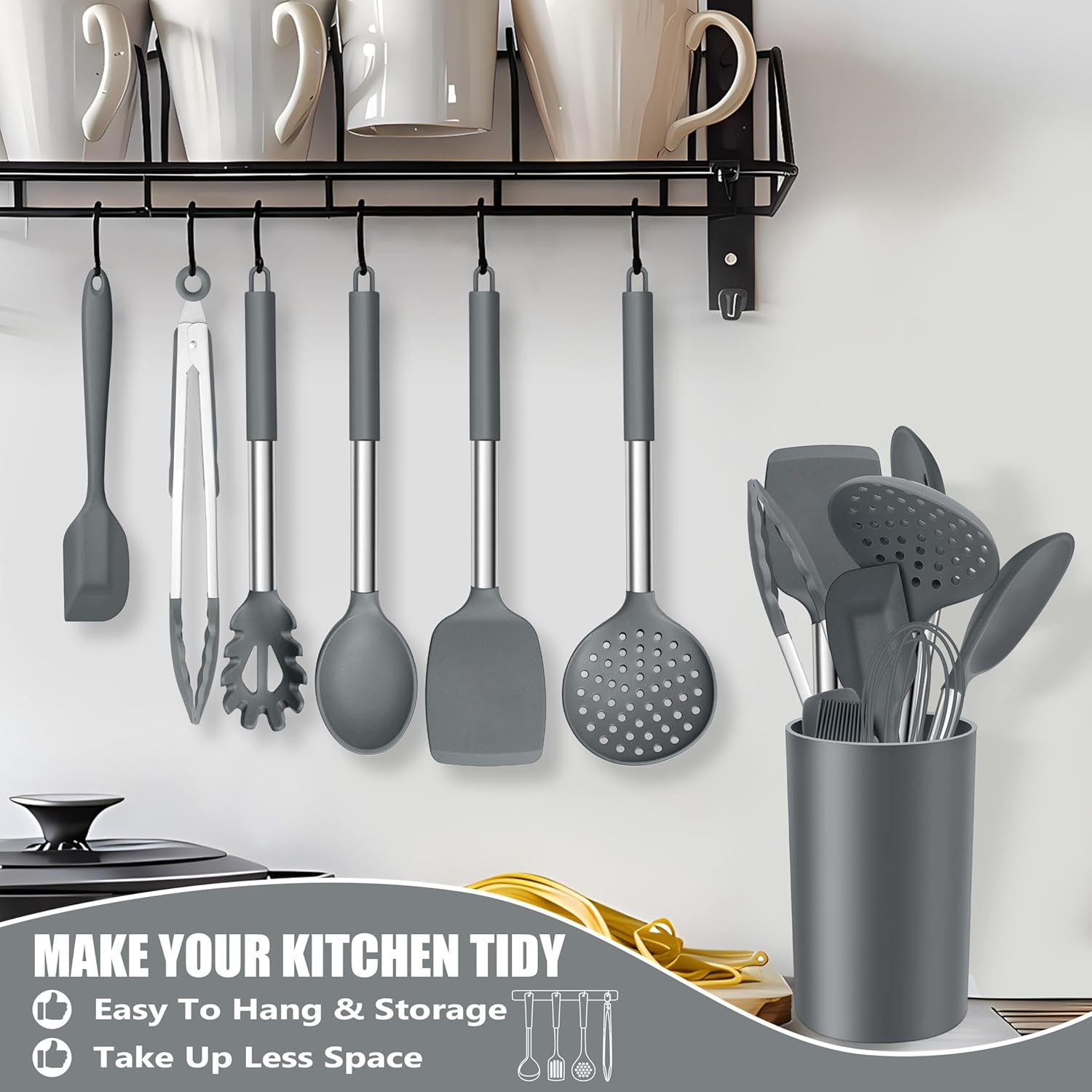 14 Pieces Silicone Cooking Utensils Set, Kitchen Utensils Set with Holder, Spatula, Ladle, Spoon, Tong, Slotted Turner for Nonstick Cookware, Heat Resistant & Stainless Steel Handle, Black