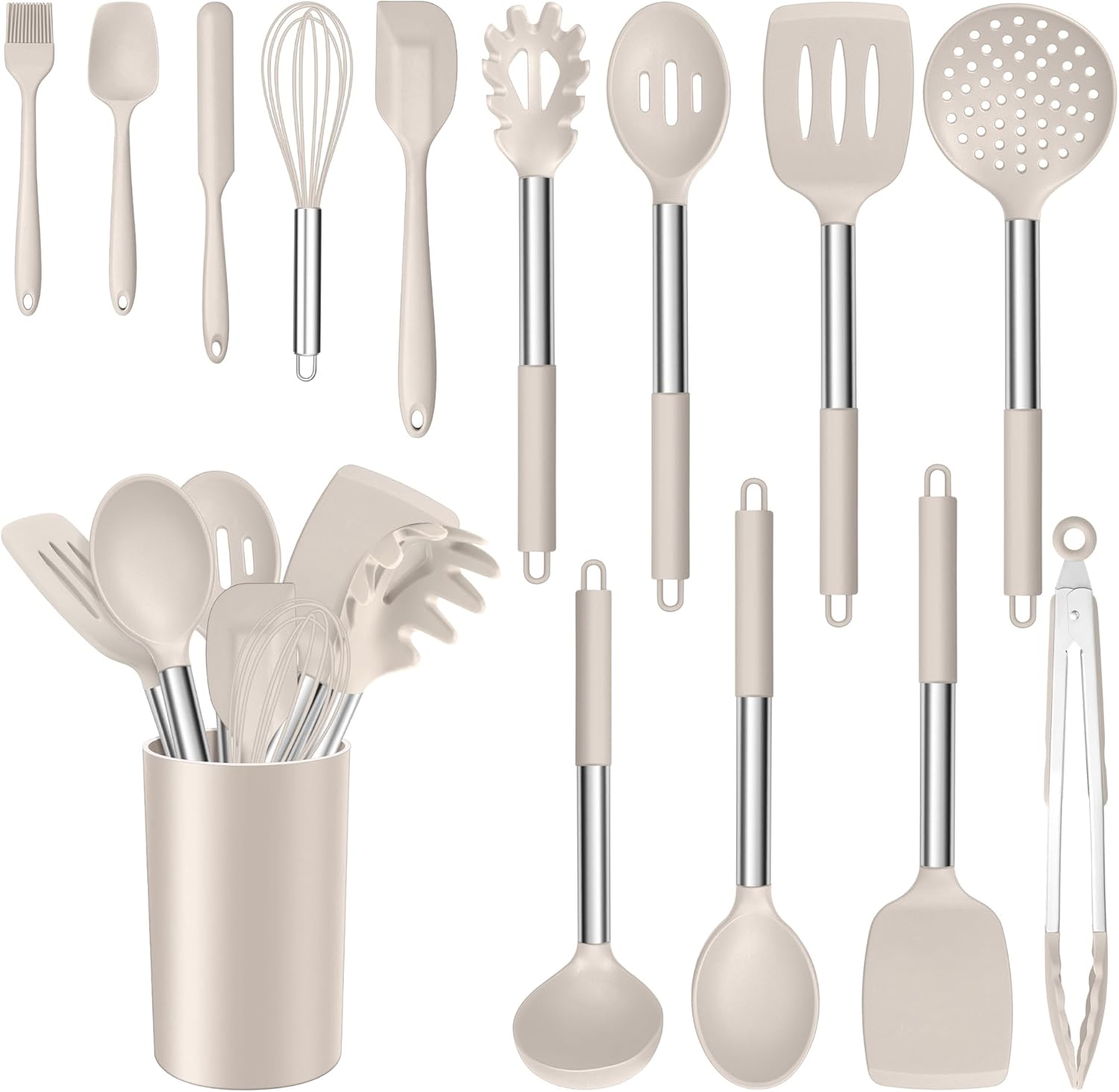 14 Pieces Silicone Cooking Utensils Set, Kitchen Utensils Set with Holder, Spatula, Ladle, Spoon, Tong, Slotted Turner for Nonstick Cookware, Heat Resistant & Stainless Steel Handle, Black