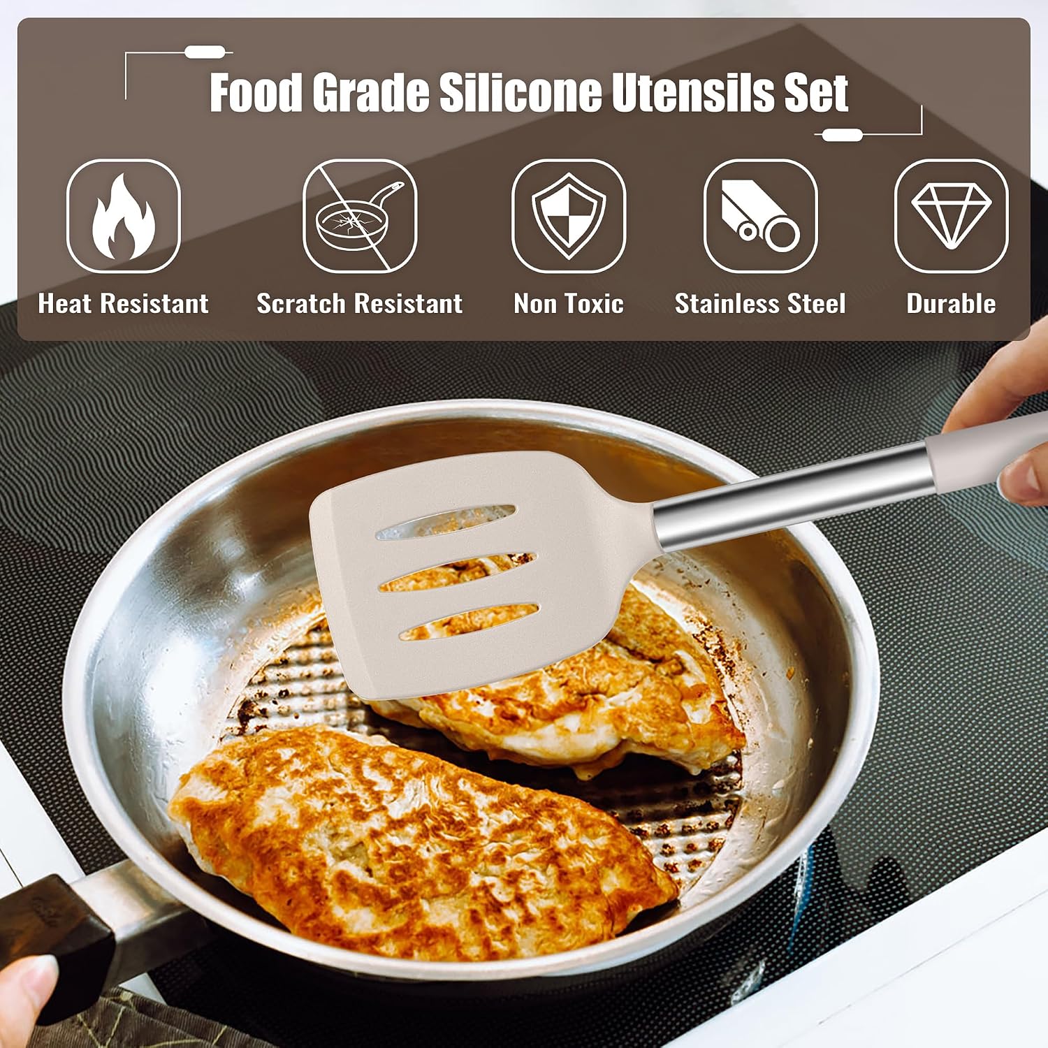 14 Pieces Silicone Cooking Utensils Set, Kitchen Utensils Set with Holder, Spatula, Ladle, Spoon, Tong, Slotted Turner for Nonstick Cookware, Heat Resistant & Stainless Steel Handle, Black