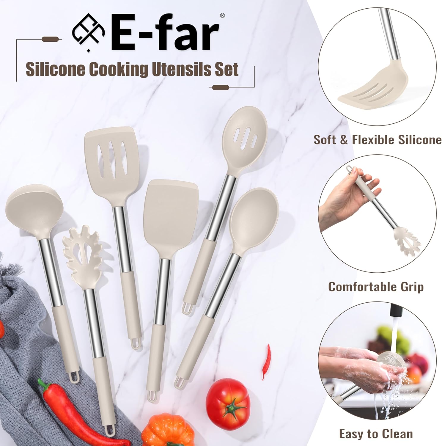 14 Pieces Silicone Cooking Utensils Set, Kitchen Utensils Set with Holder, Spatula, Ladle, Spoon, Tong, Slotted Turner for Nonstick Cookware, Heat Resistant & Stainless Steel Handle, Black