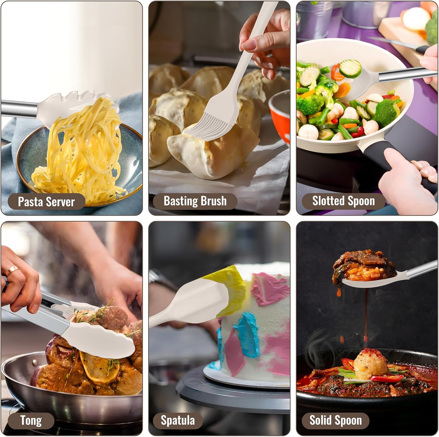 14 Pieces Silicone Cooking Utensils Set, Kitchen Utensils Set with Holder, Spatula, Ladle, Spoon, Tong, Slotted Turner for Nonstick Cookware, Heat Resistant & Stainless Steel Handle, Black